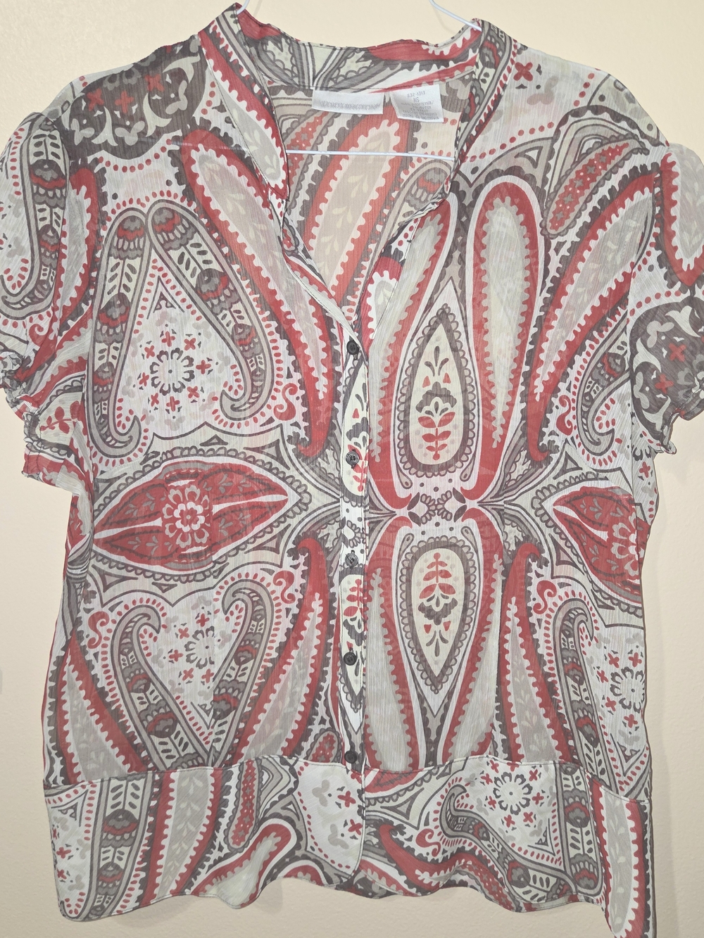 Worthington Red and Tan Paisley Sheer Button-Front Blouse